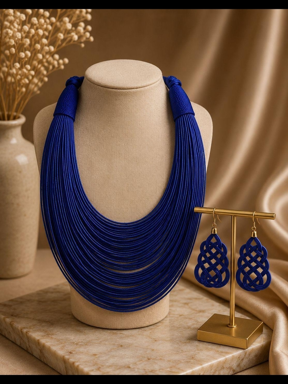 Statement Multi-Strand Royal Blue Necklace with Matching Earrings